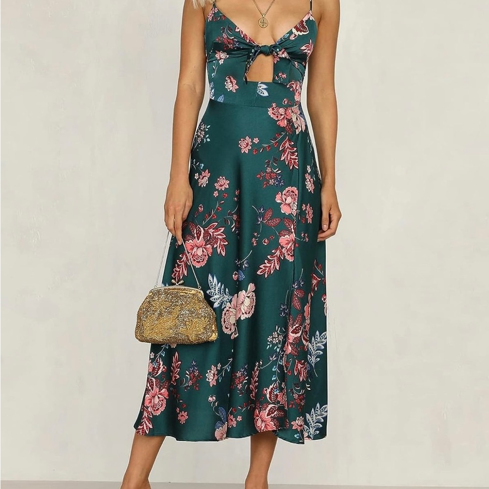 Green Floral Satin Midi Dress